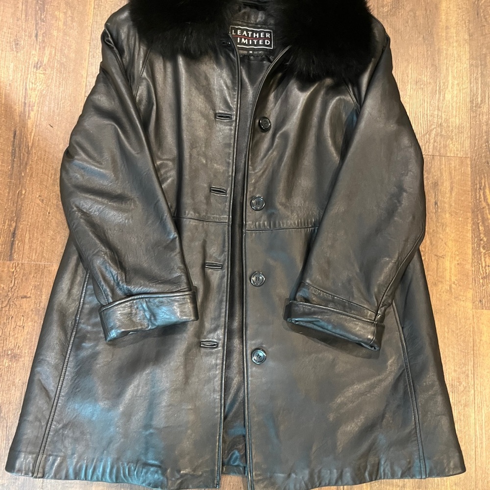 Leather Limited Black CALF Leather Coat Removable Genuine Fox Collar Women's - M